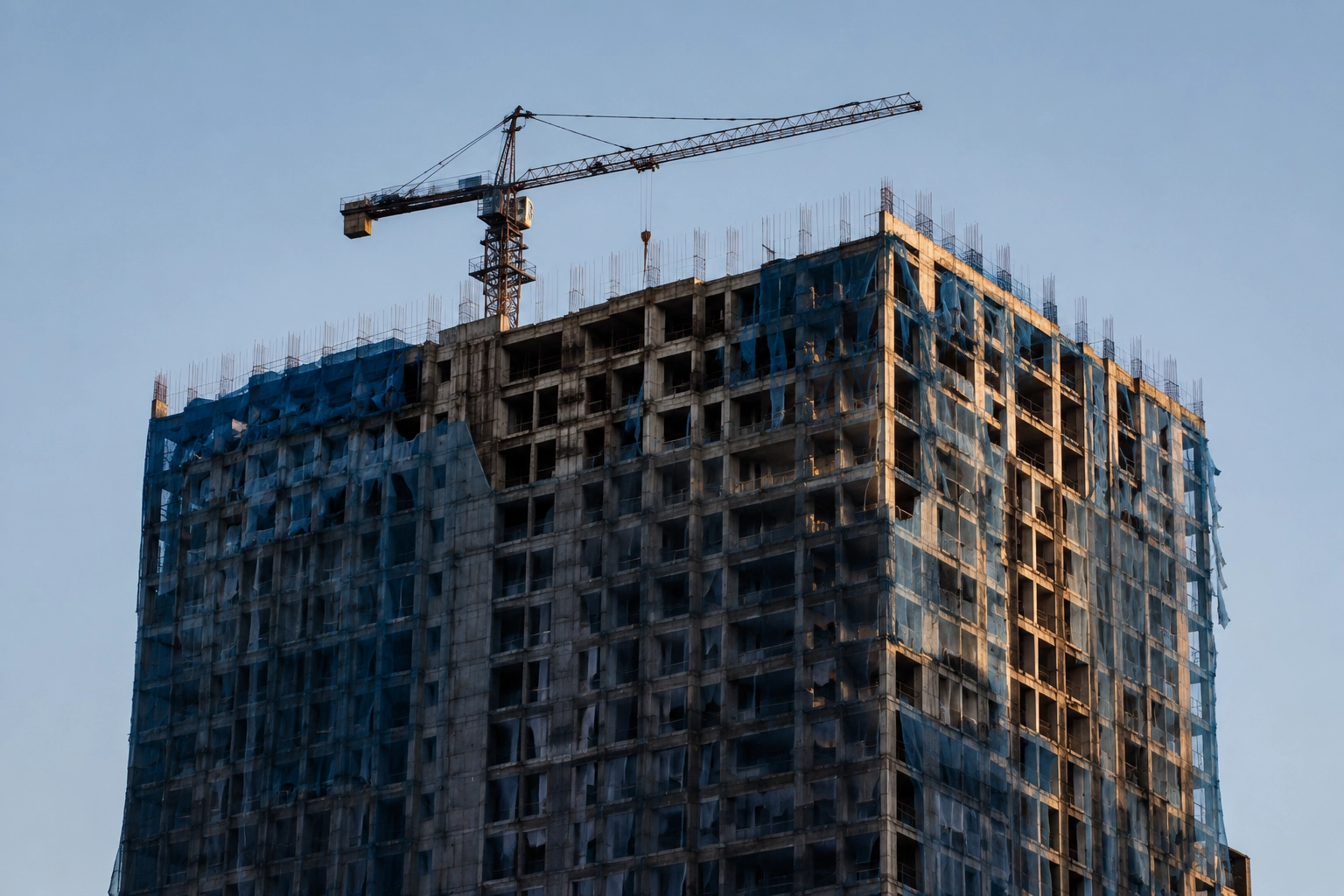 💰 Investing Guides, 🌏 SEA Market Insights | 5 Southeast Asia Property Myths That Could Cost Foreign Buyers Thousands Stalled high-rise construction with tower crane and exposed rebar in Southeast Asia - illustrating off-plan property risk and developer insolvency behind Southeast Asia property myths