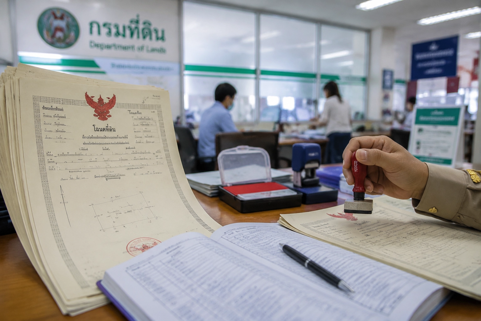 💰 Investing Guides, 🌏 SEA Market Insights | 5 Southeast Asia Property Myths That Could Cost Foreign Buyers Thousands Thai Department of Lands official stamping a Chanote title deed document - the registered freehold title at the center of Thailand condo foreign ownership and Southeast Asia property myths