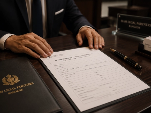 Lawyer presenting a Thailand Foreign Exchange Transaction FET form on a desk at Siam Legal Partners Bangkok - a required document for foreign property buyers and key to avoiding Southeast Asia property myths