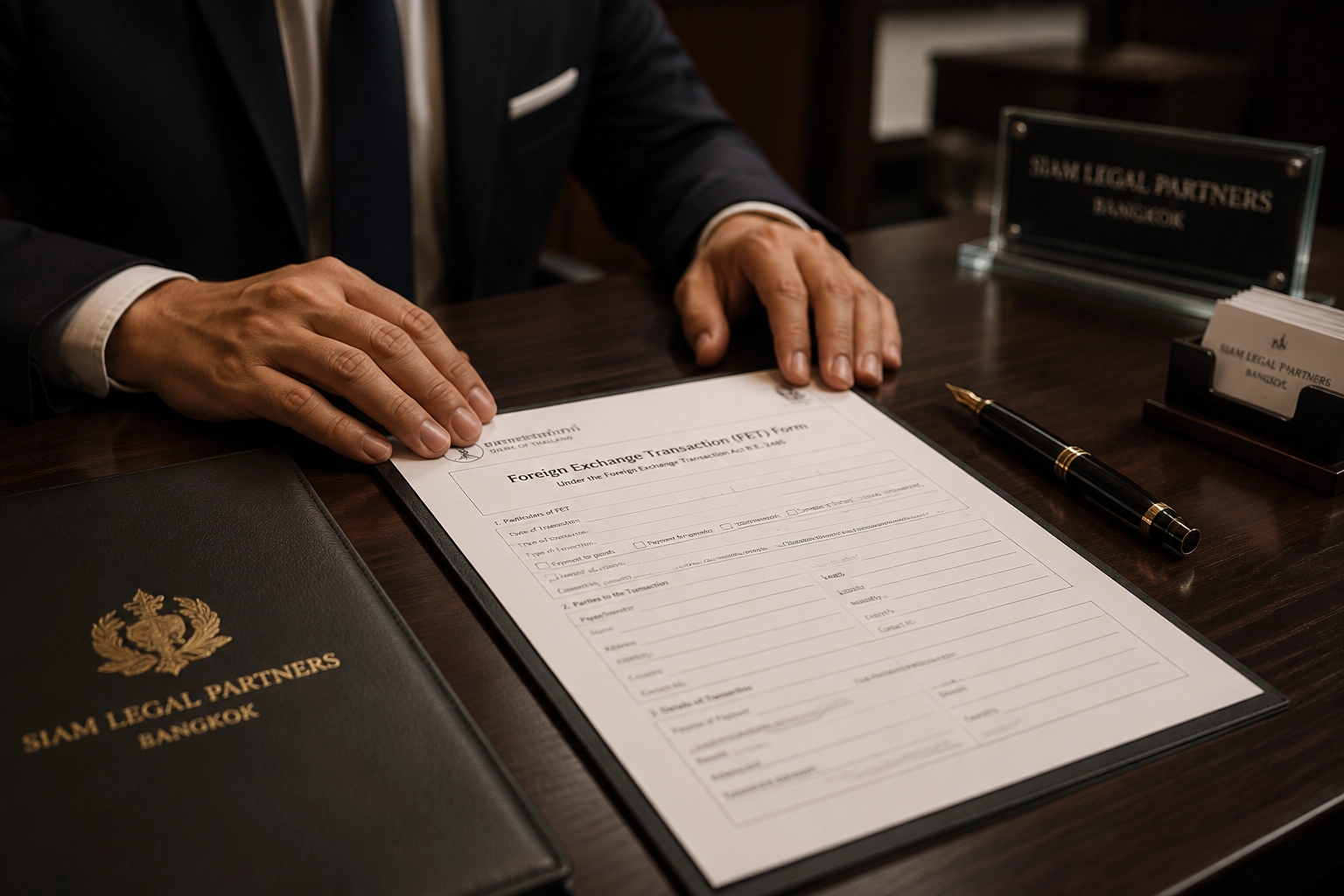 💰 Investing Guides, 🌏 SEA Market Insights | 5 Southeast Asia Property Myths That Could Cost Foreign Buyers Thousands Lawyer presenting a Thailand Foreign Exchange Transaction FET form on a desk at Siam Legal Partners Bangkok - a required document for foreign property buyers and key to avoiding Southeast Asia property myths