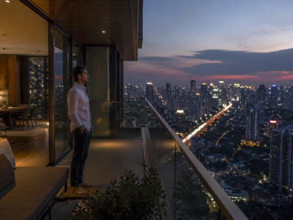 Foreign investor standing on a high-rise condo balcony overlooking a Bangkok skyline at dusk, illustrating property in Southeast Asia ownership for foreigners