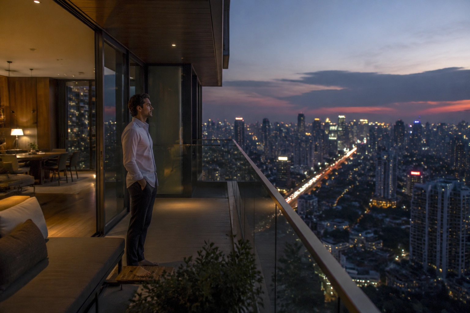 Foreign investor standing on a high-rise condo balcony overlooking a Bangkok skyline at dusk, illustrating property in Southeast Asia ownership for foreigners