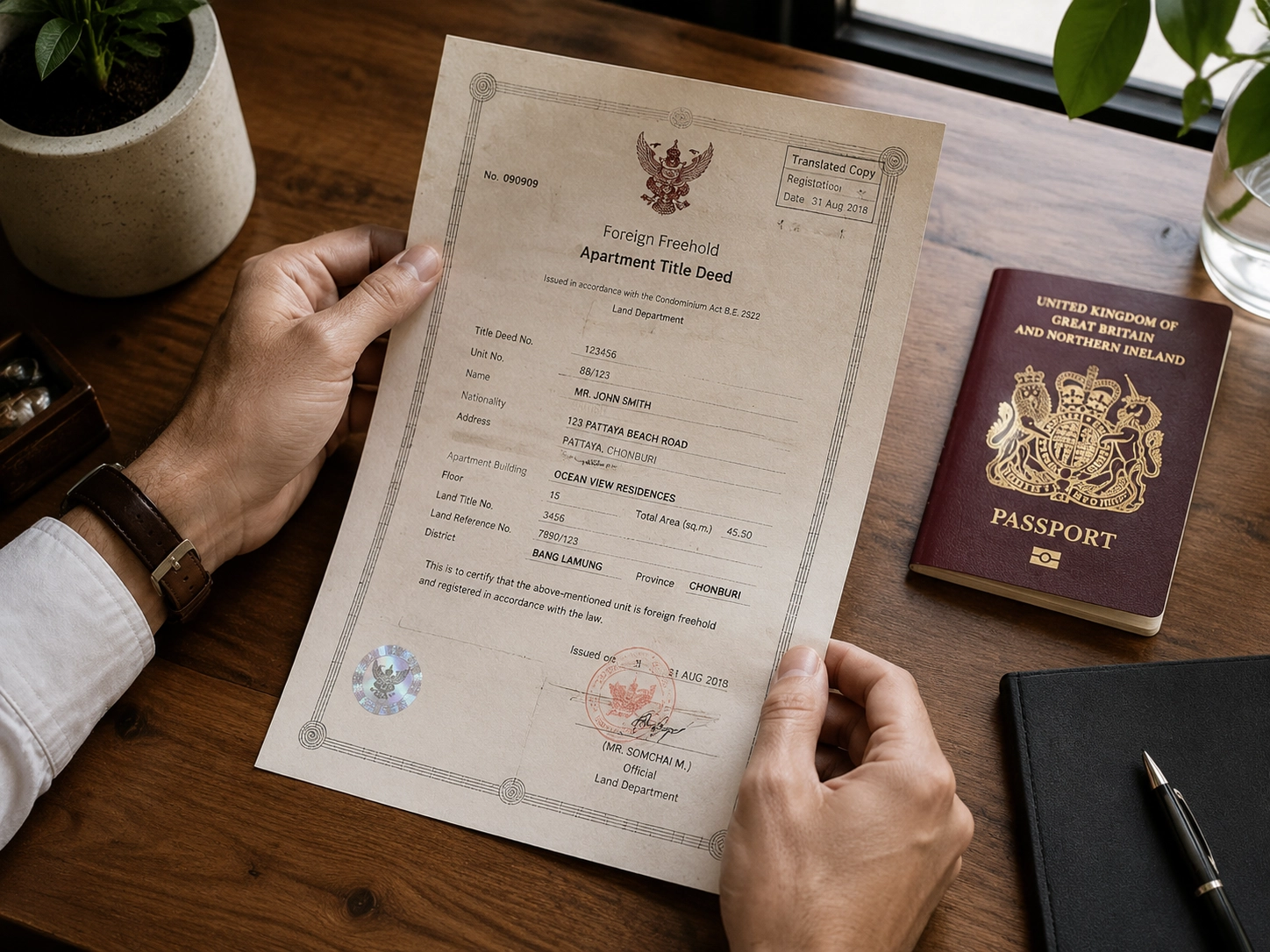 Foreign freehold apartment title deed for a horizontal condo unit in Thailand next to a UK passport