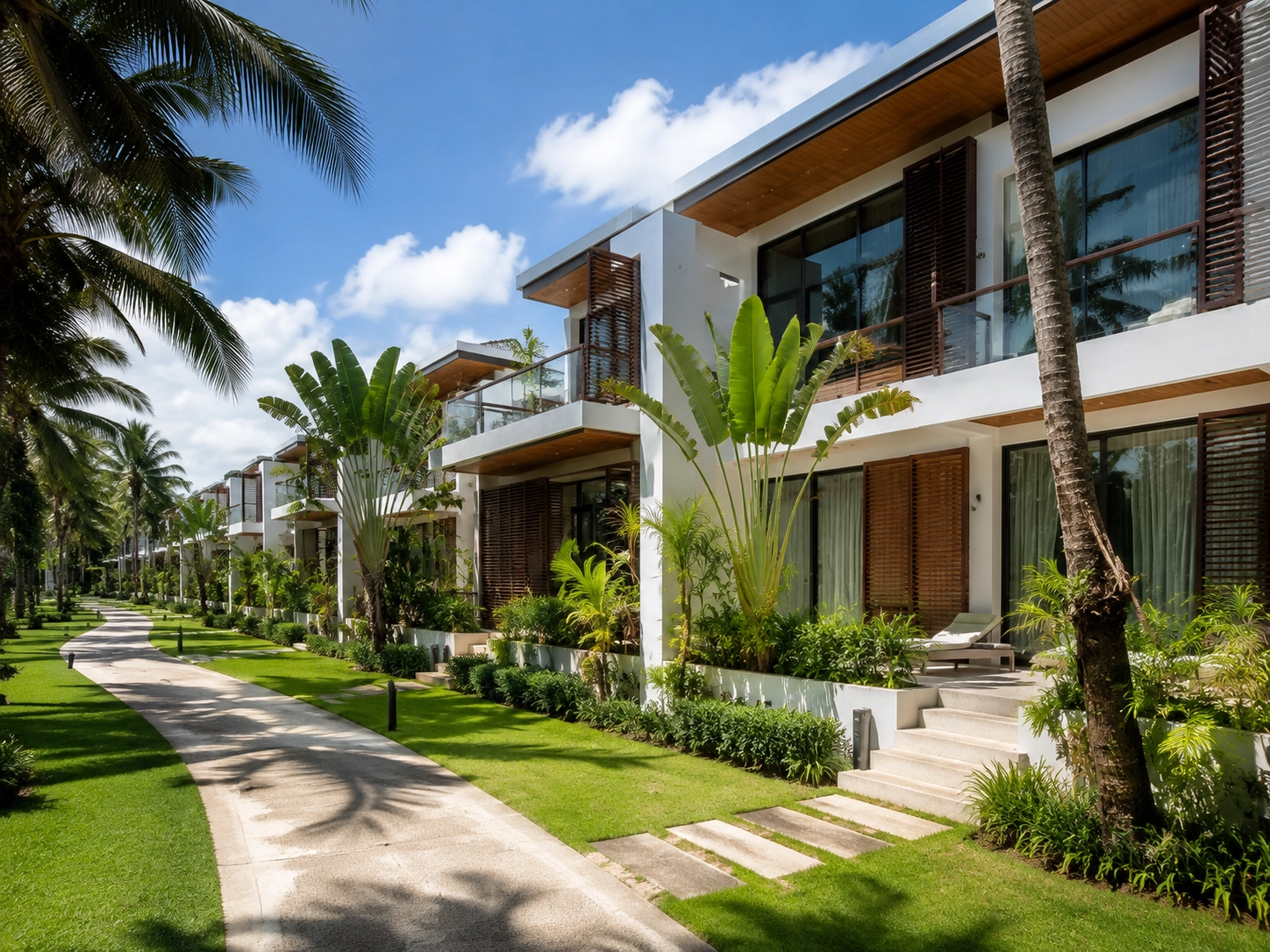 Row of attached two-story townhouse units in Thailand, the layout style used in horizontal condo developments