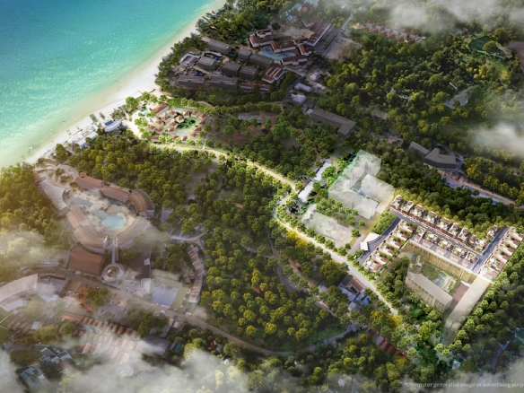 Aerial rendering of Origin Property's Phuket investment at Bang Tao Beach, showing the master-planned condo, villa, and resort precinct
