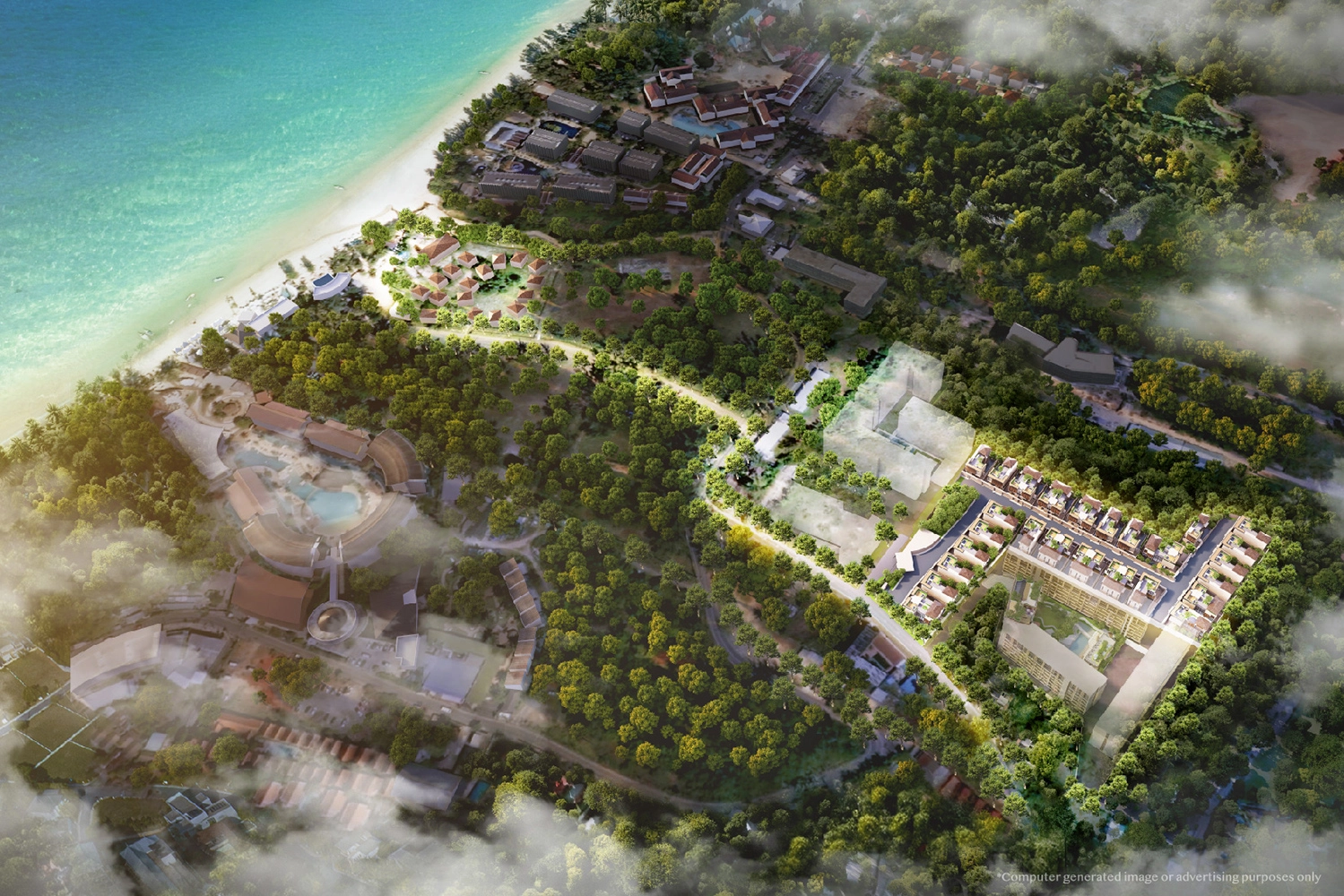 Aerial rendering of Origin Property's Phuket investment at Bang Tao Beach, showing the master-planned condo, villa, and resort precinct